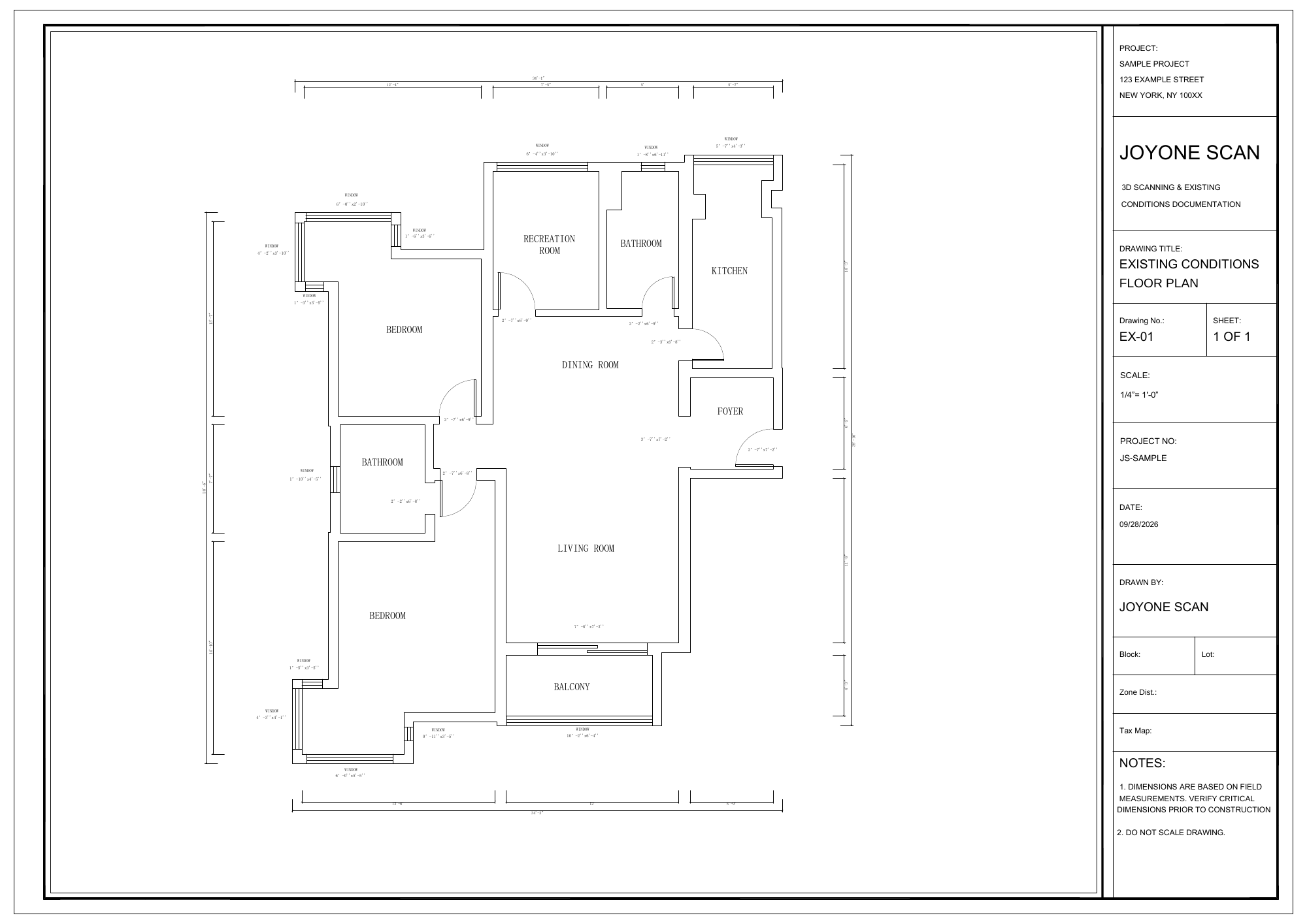 Reviewed existing-condition drawing sample — feet and inches