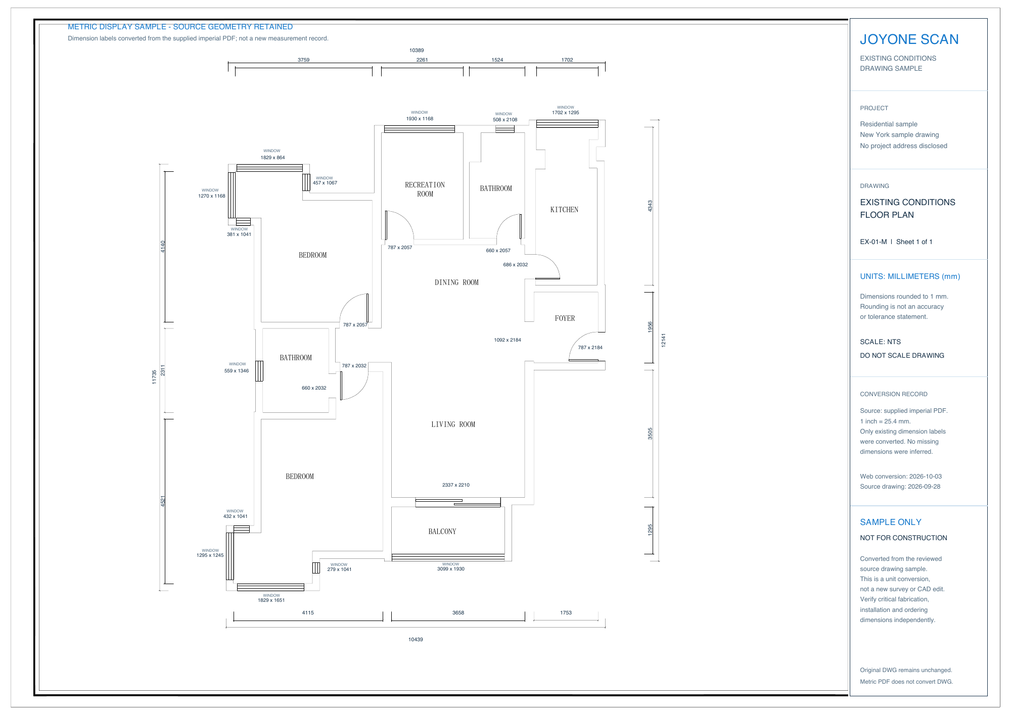 Millimeter existing-condition drawing sample; open the PDF to inspect the dimension annotations